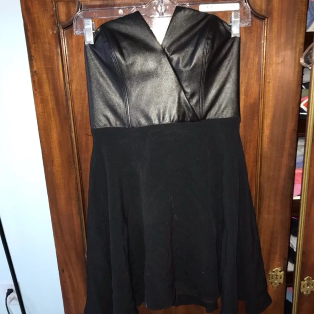 NAVEN black leather strapless dress